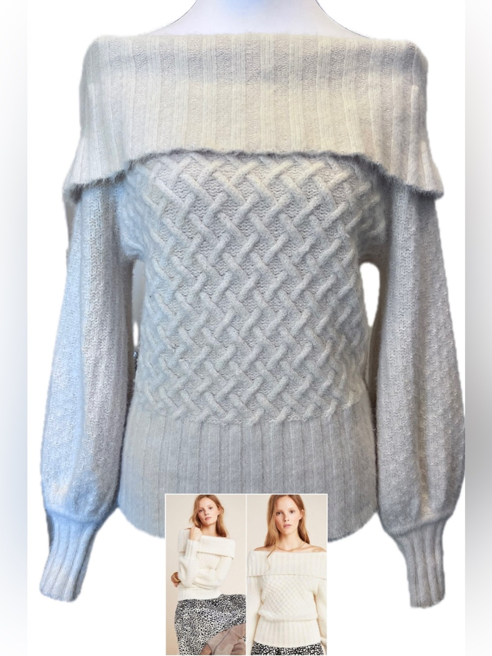 Anthropologie Margo Off The Shoulder Puffed Sleeves Ivory Cream Sweater Small